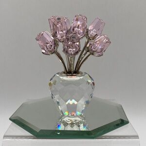 Vintage Swarovski Crystal A Dozen Pink Roses With Mirror Base